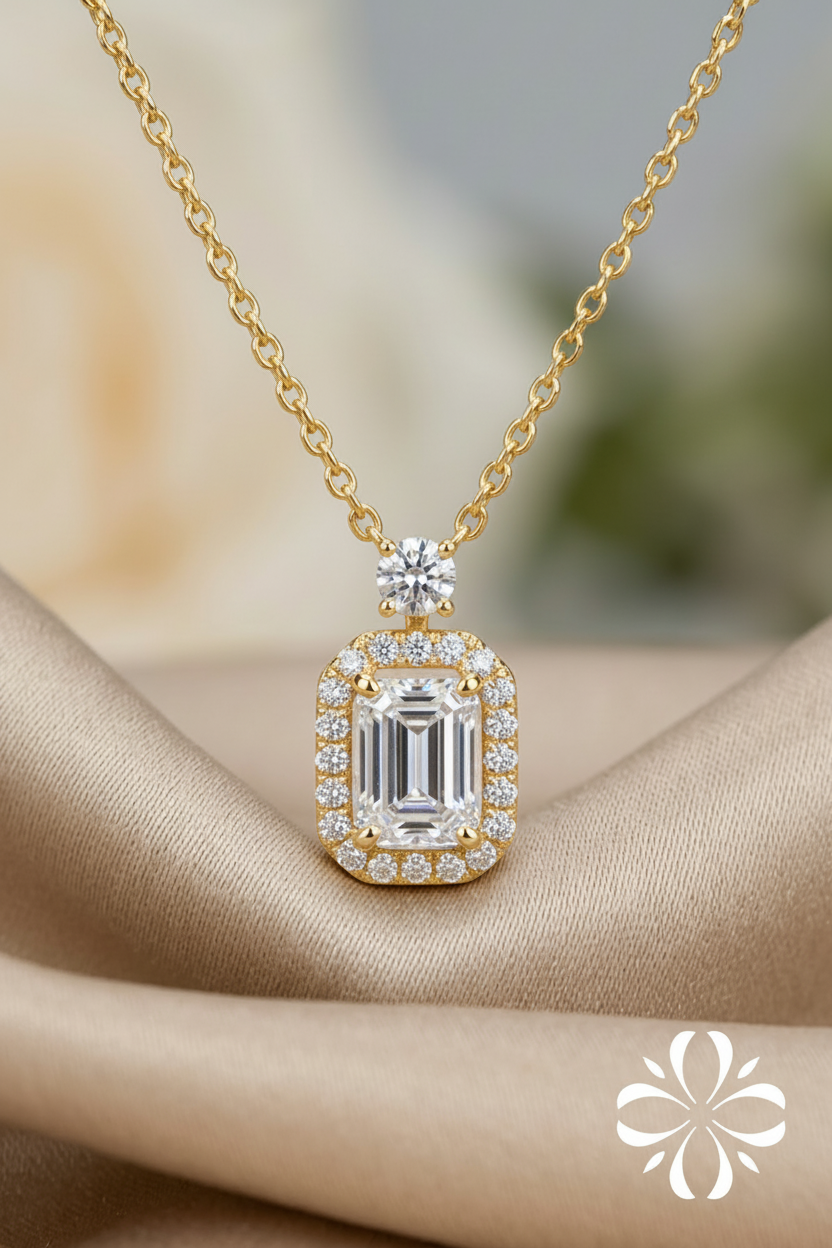 Emerald Diamond Halo Pendant in 18k Yellow Gold