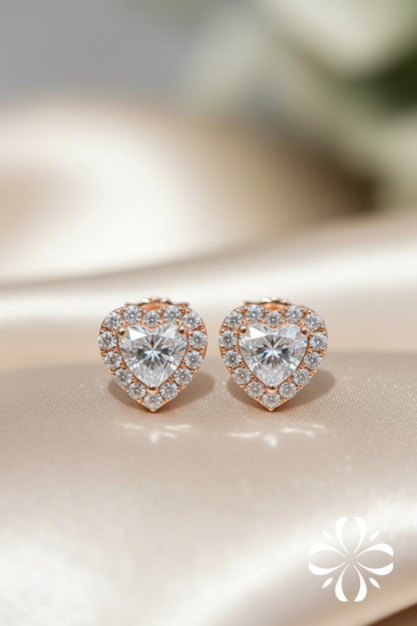 Heart Halo Diamond Studs in 18k Rose Gold