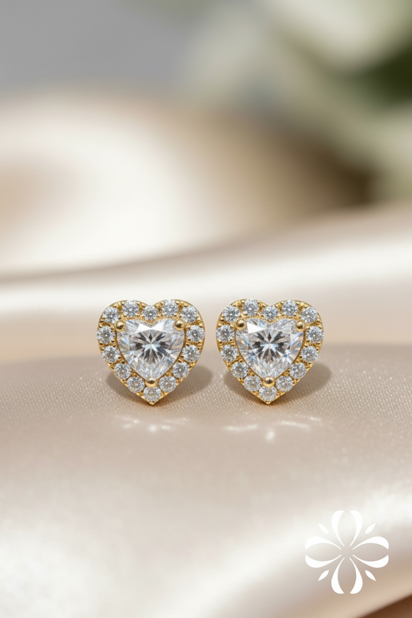 Heart Halo Diamond Studs in 18k Yellow Gold